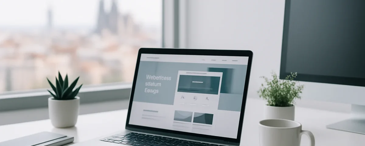Diseño web profesional hecho con WordPress en un ordenador con fondo de la ciudad de Barcelona