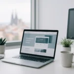 Diseño web profesional hecho con WordPress en un ordenador con fondo de la ciudad de Barcelona