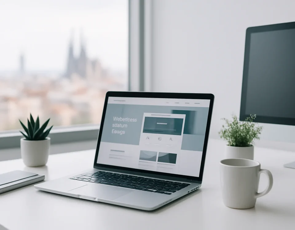 Diseño web profesional hecho con WordPress en un ordenador con fondo de la ciudad de Barcelona