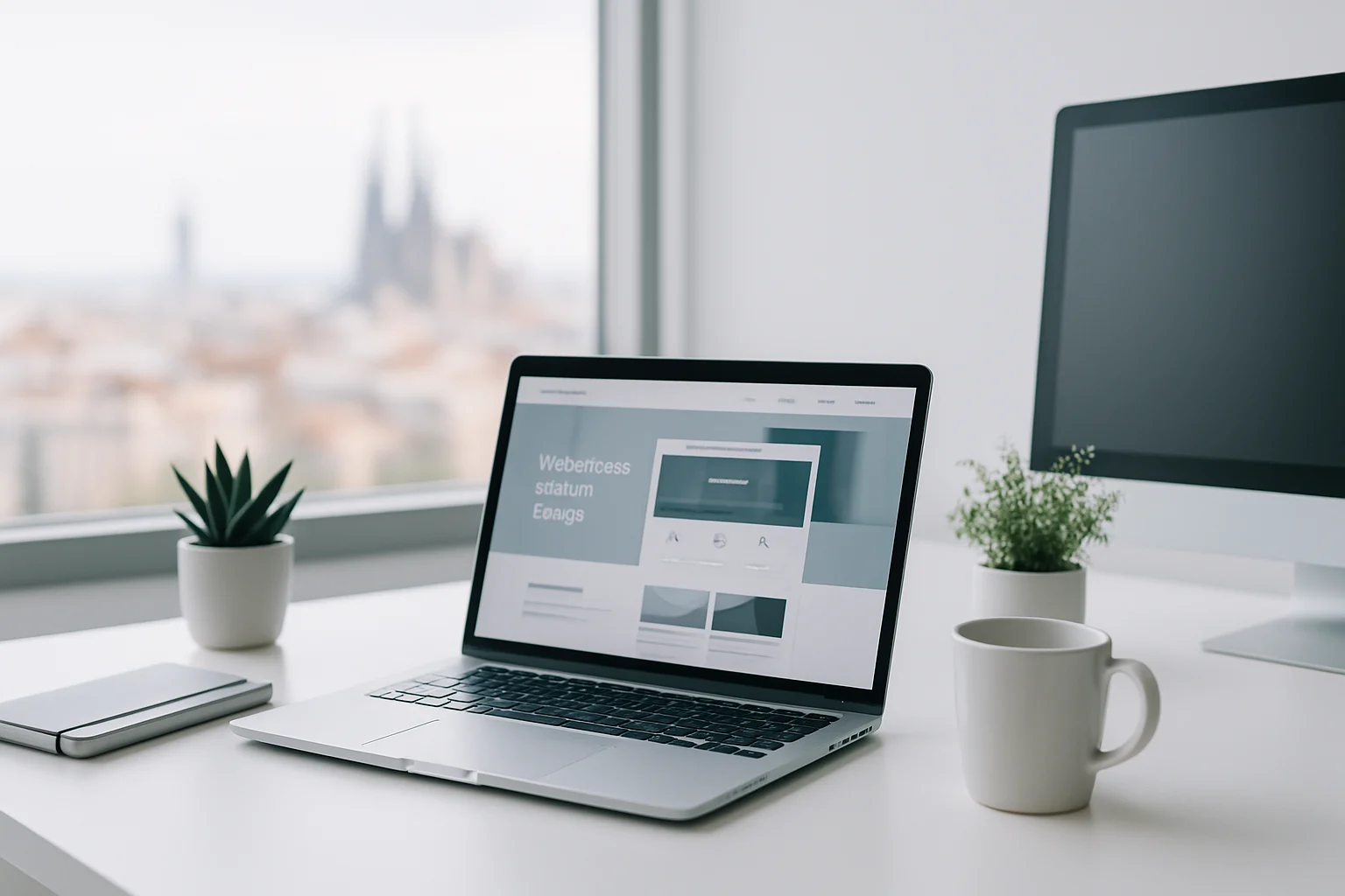 Diseño web profesional hecho con WordPress en un ordenador con fondo de la ciudad de Barcelona
