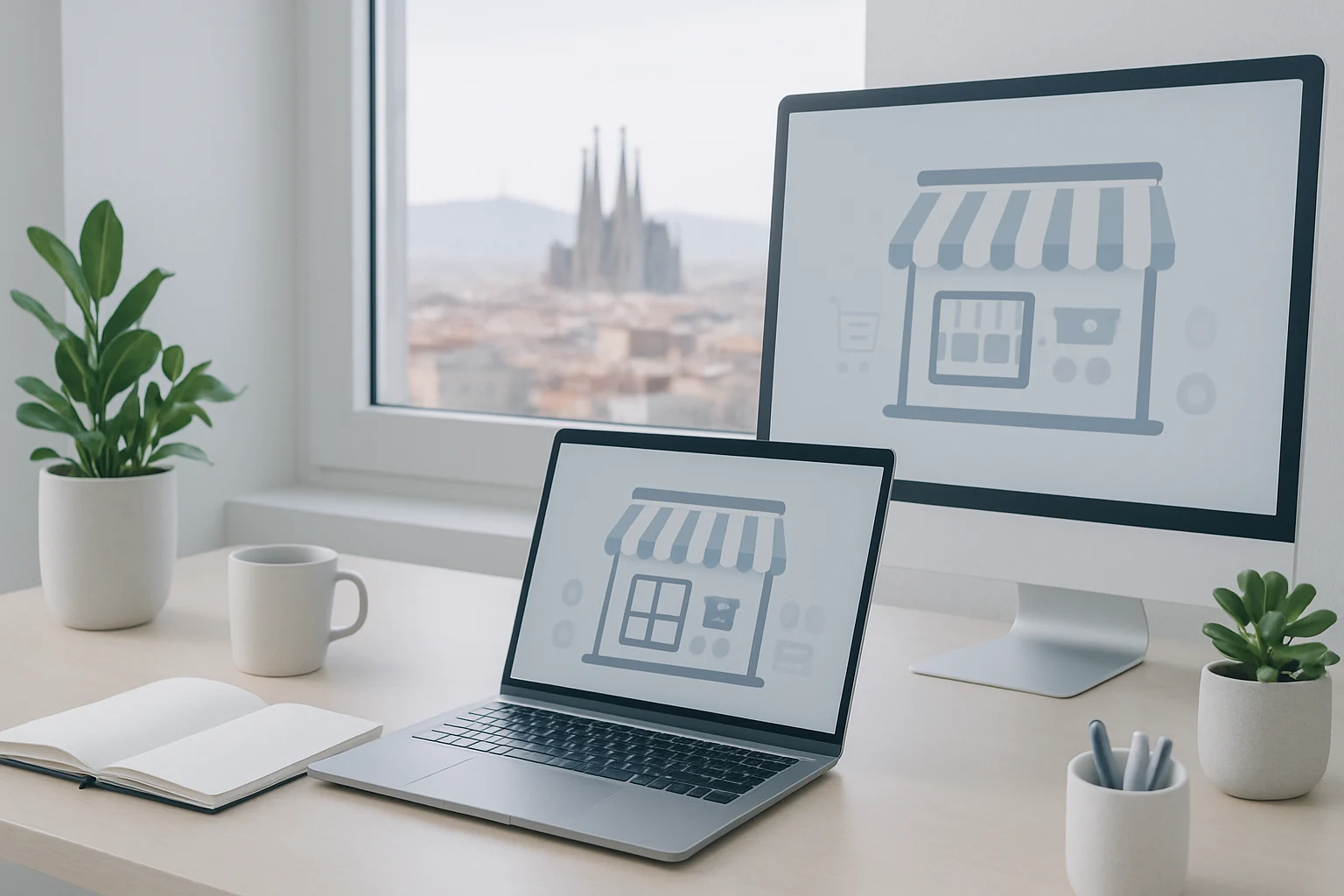 Negocio local en Barcelona con crecimiento gracias a la tienda online, mostrando elementos gráficos de ecommerce y la ciudad