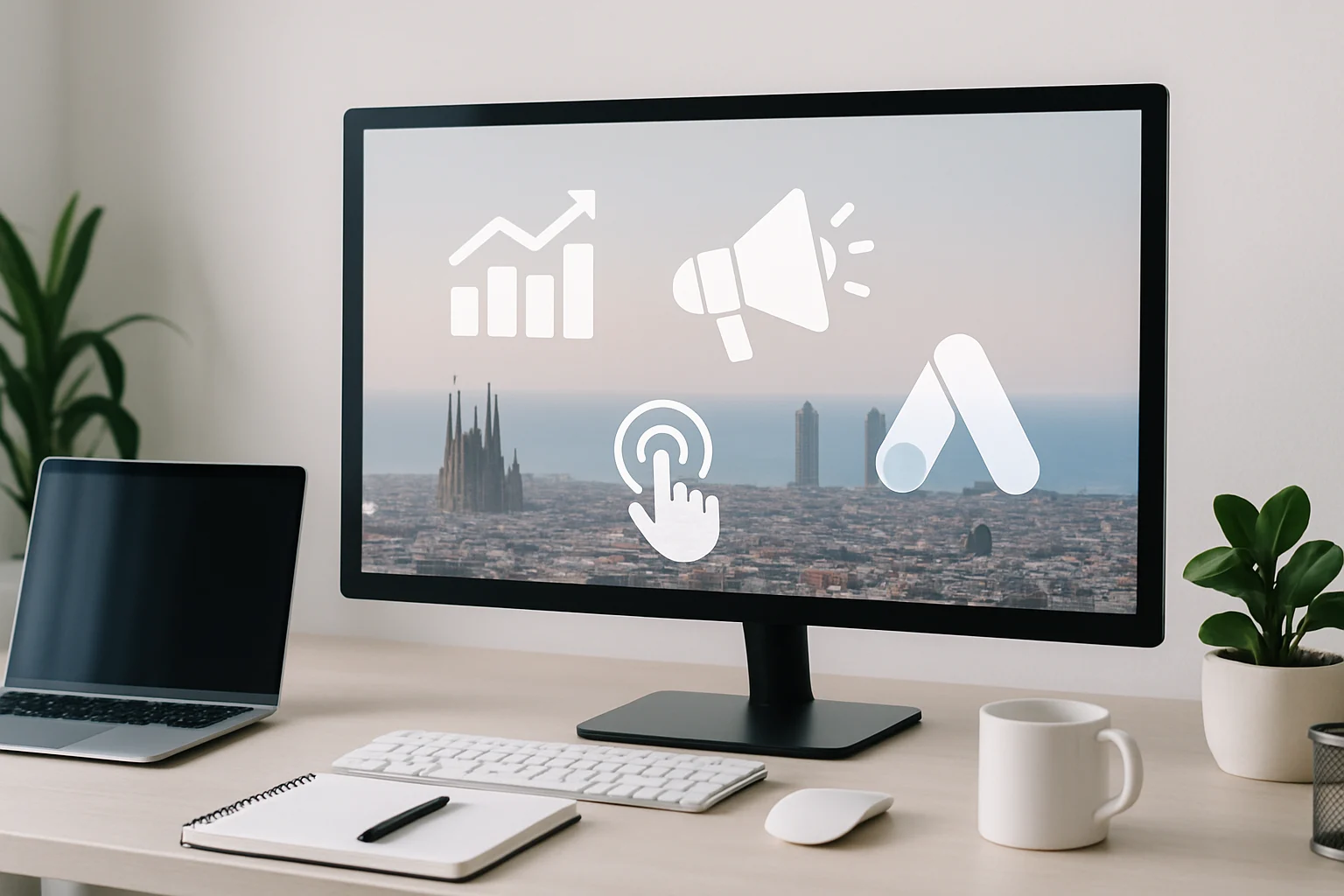 Vista panorámica de Barcelona con superposiciones gráficas de publicidad digital y Google Ads